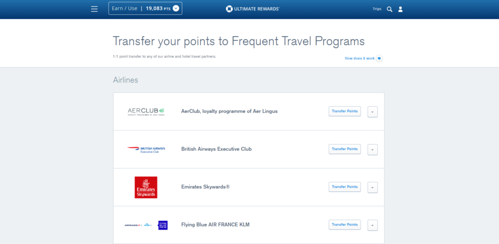 a screenshot of Chase transfer partners